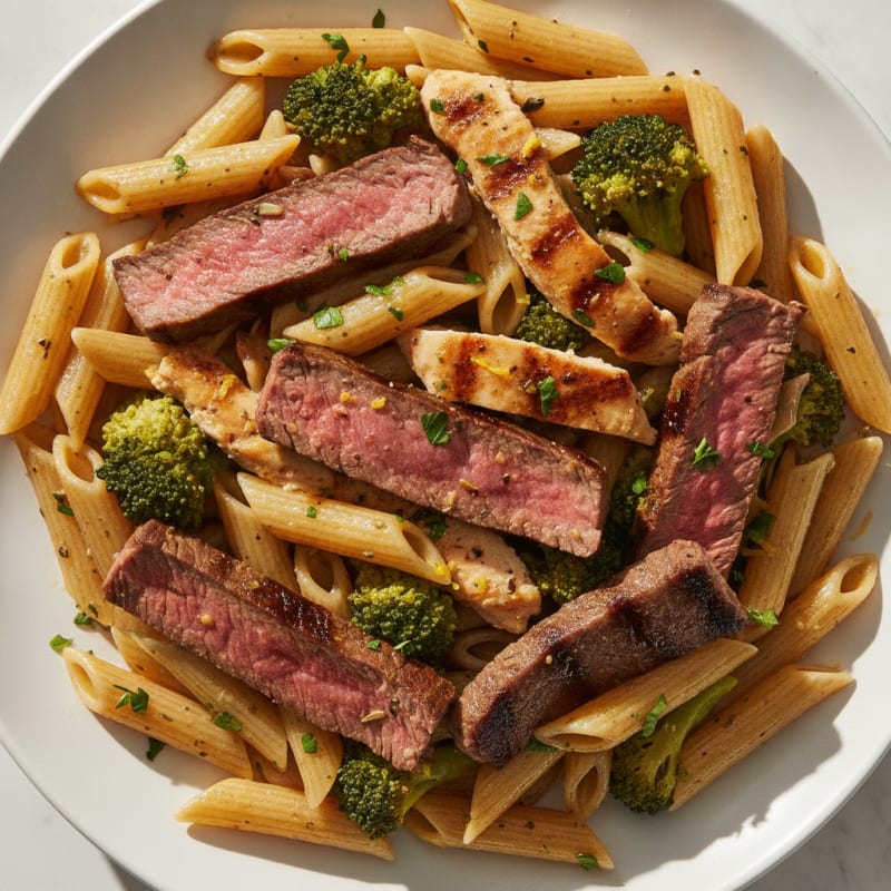 Garlic Herb Steak and Chicken Pasta
