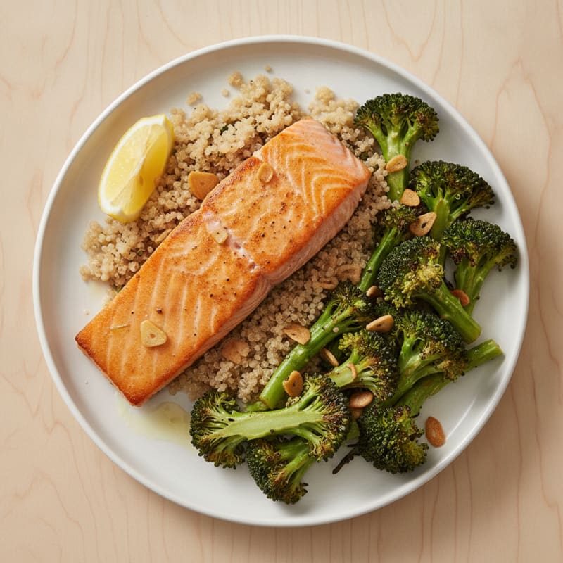 Seared Salmon with Roasted Broccoli and Garlic Quinoa