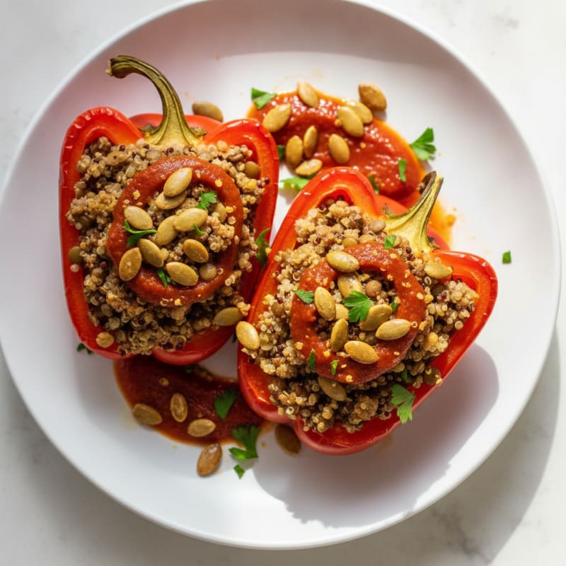 Lentil and Quinoa Stuffed Bell Peppers with Crunchy Pumpkin Seeds