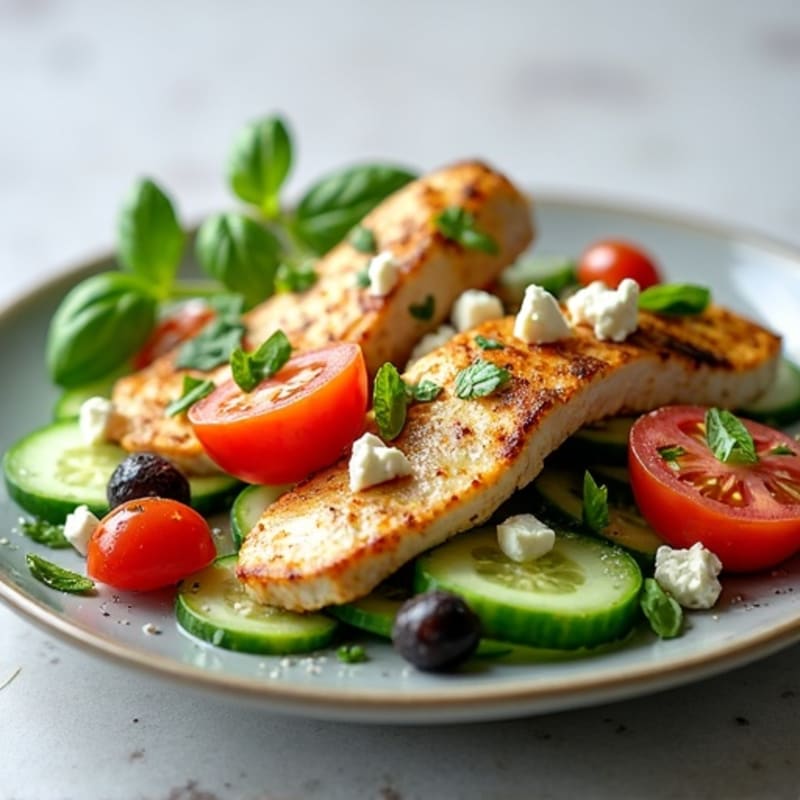 Fresh Cucumber Tomato Salad with Tangy Feta and Olives, with Grilled Chicken Boost