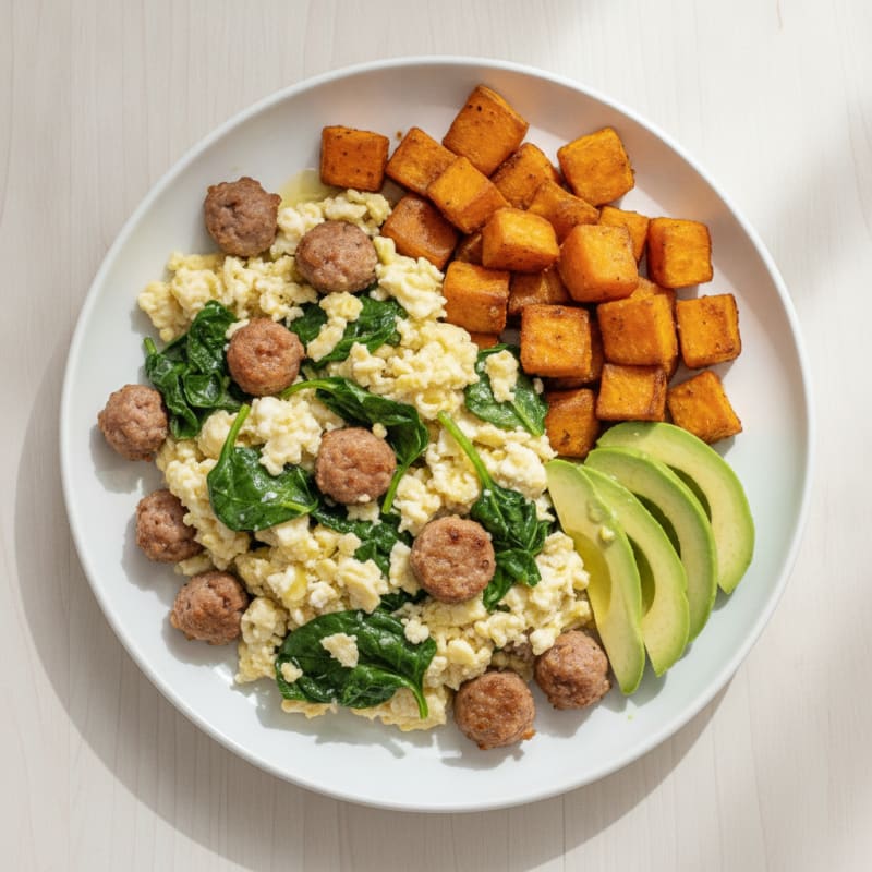 Egg White Scramble with Turkey Sausage and Sautéed Spinach