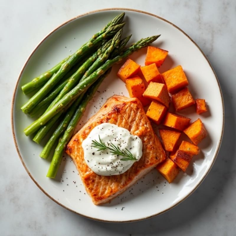 Seared Salmon Fillet with Roasted Sweet Potato and Asparagus