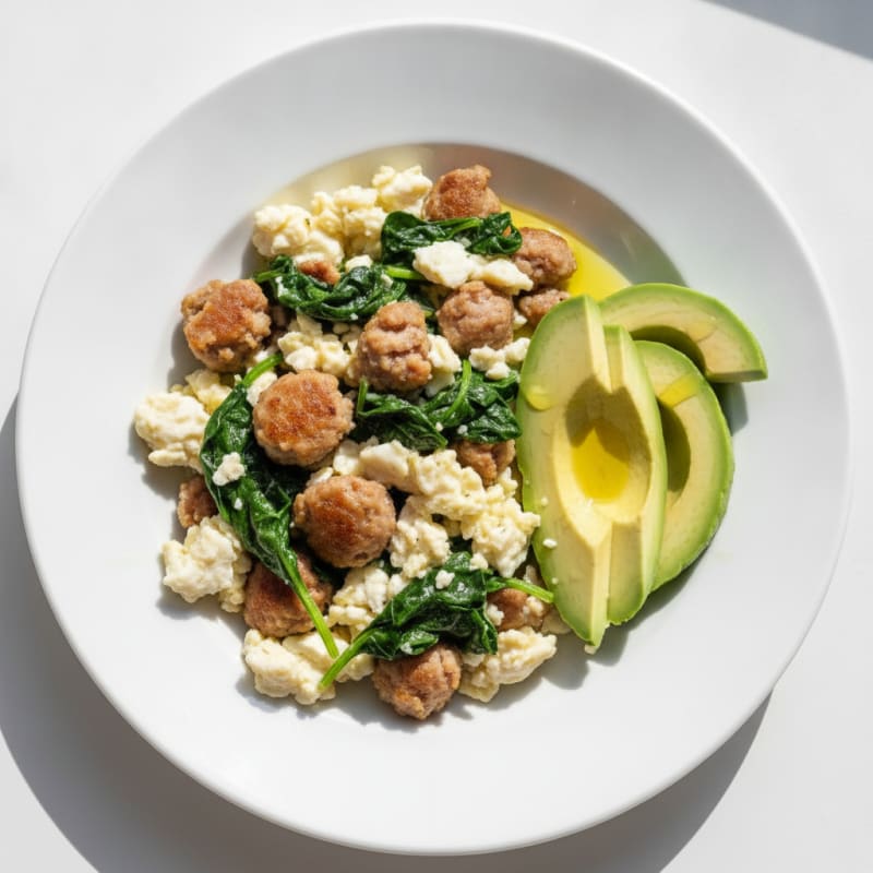 Scrambled Egg Whites with Turkey Sausage and Sautéed Spinach