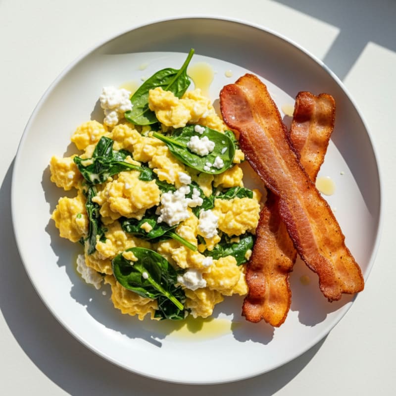 Cottage Cheese Egg Scramble with Spinach and Turkey Bacon