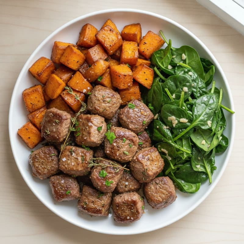 Garlic Herb Steak Bites with Roasted Sweet Potatoes and Spinach