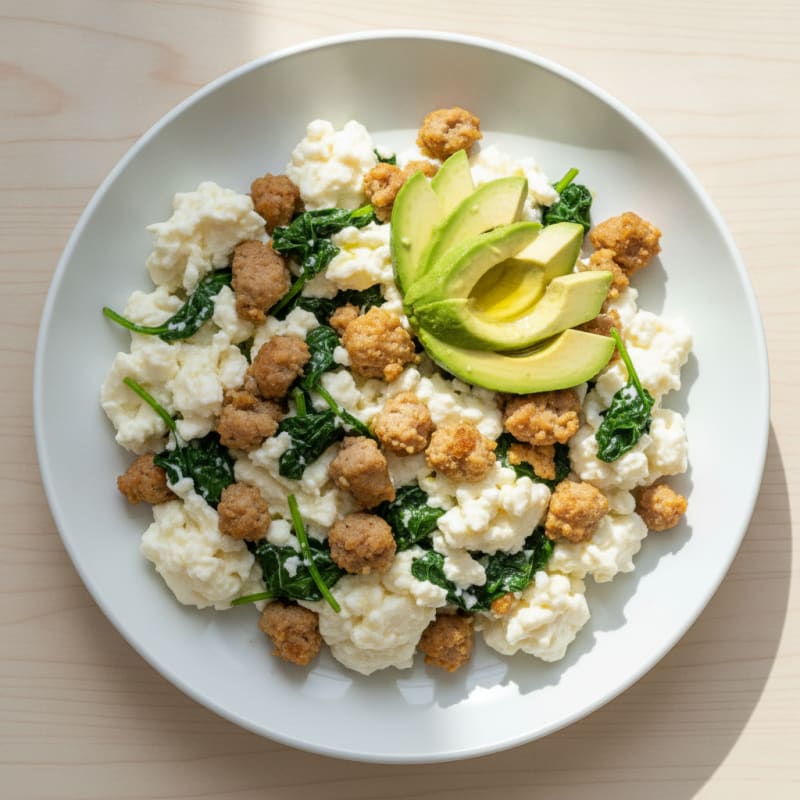 Egg White Scramble with Turkey Sausage and Sautéed Spinach