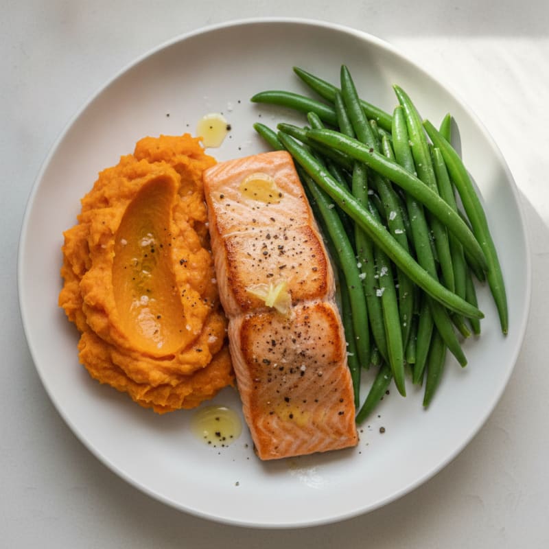 Seared Salmon with Steamed Green Beans and Sweet Potato Mash