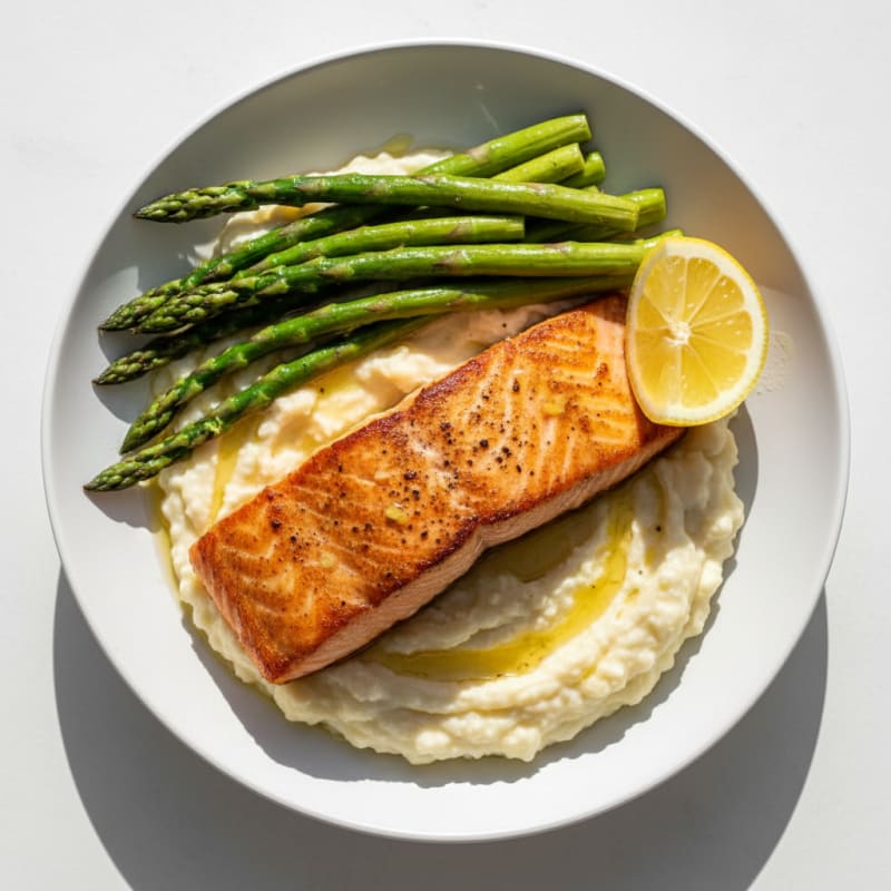 Seared Salmon with Roasted Asparagus and Cauliflower Mash