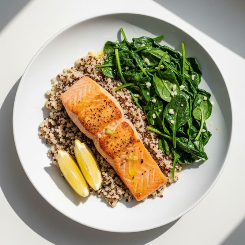 Seared Salmon Fillet with Quinoa and Garlic Sautéed Spinach