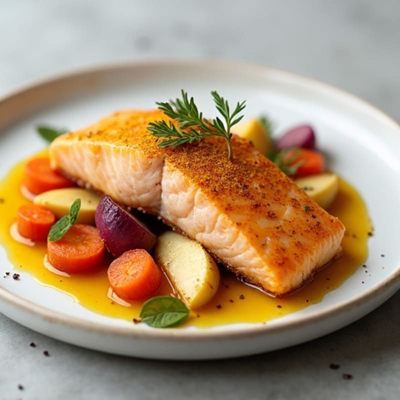 Ginger-Turmeric Poached Salmon with Roasted Root Vegetables