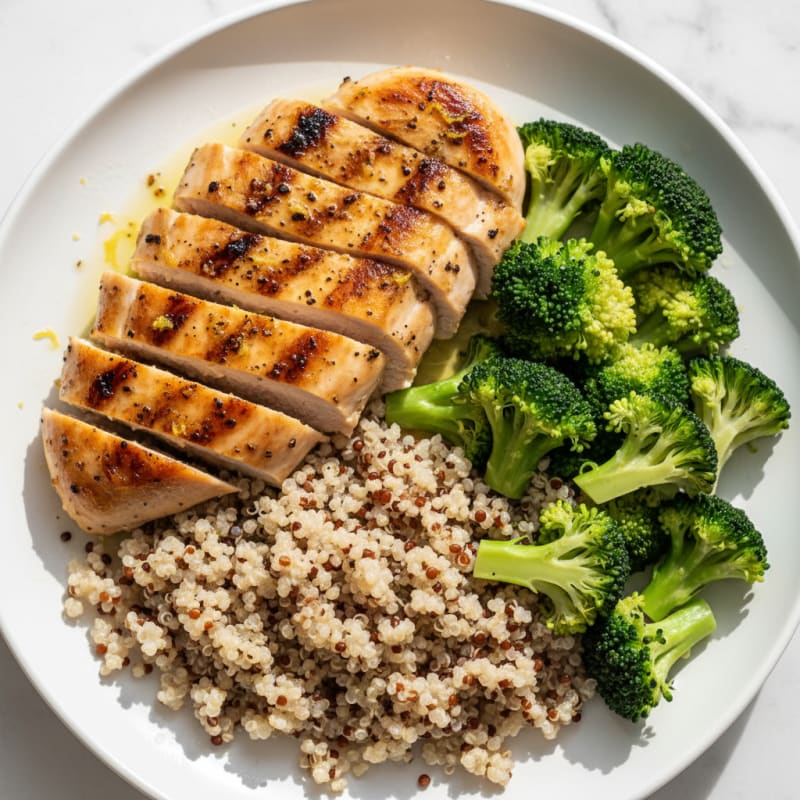 Grilled Lemon Pepper Chicken Breast with Quinoa and Steamed Broccoli