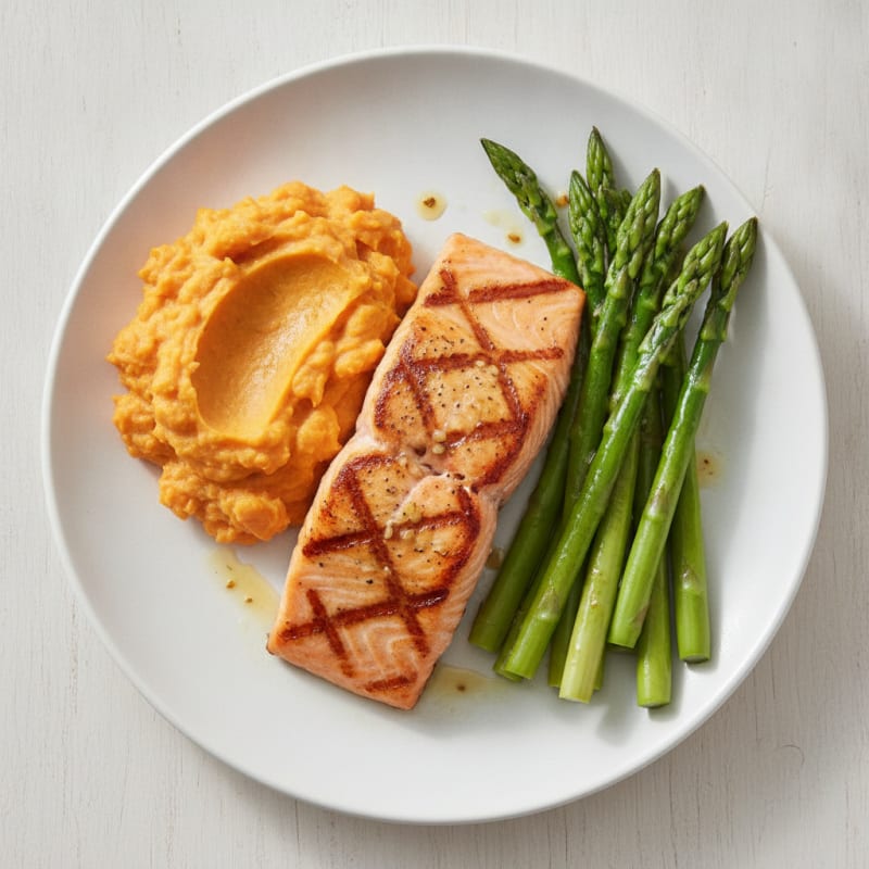 Seared Salmon Fillet with Steamed Asparagus and Sweet Potato Mash