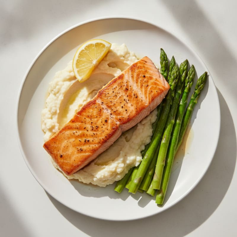 Seared Salmon with Steamed Asparagus and Garlic Mashed Cauliflower