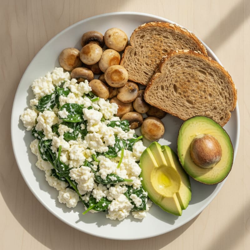 Egg White Spinach Scramble with Cottage Cheese and Sautéed Mushrooms
