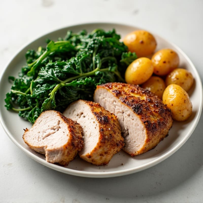 Herb-Roasted Pork Tenderloin with Sautéed Spinach and Roasted Baby Potatoes