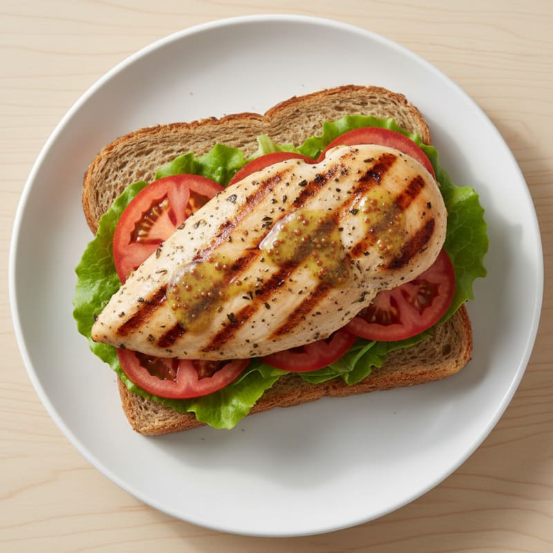 Grilled Chicken Breast Sandwich with Leafy Greens and Tomato on Whole Grain Bread