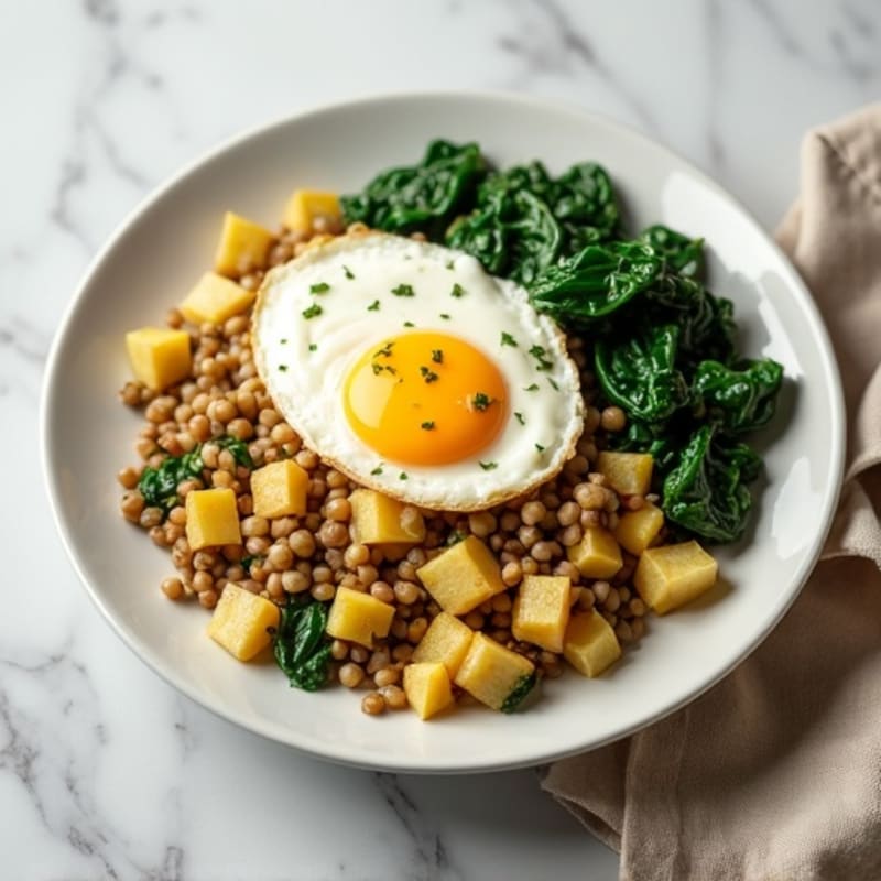 Creamy Lentil and Egg Scramble with Sautéed Spinach