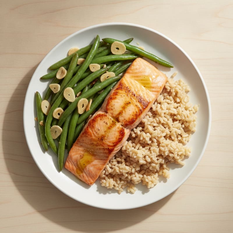 Seared Salmon with Garlic Green Beans and Brown Rice