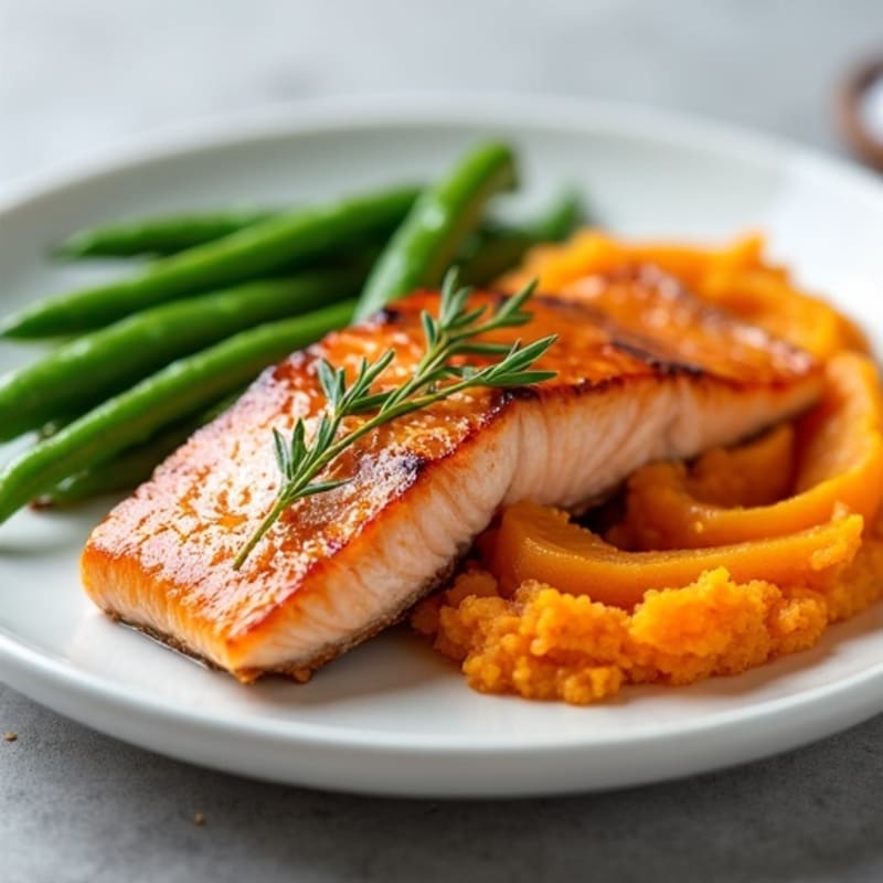 Seared Salmon Filet with Steamed Green Beans and Sweet Potato Mash