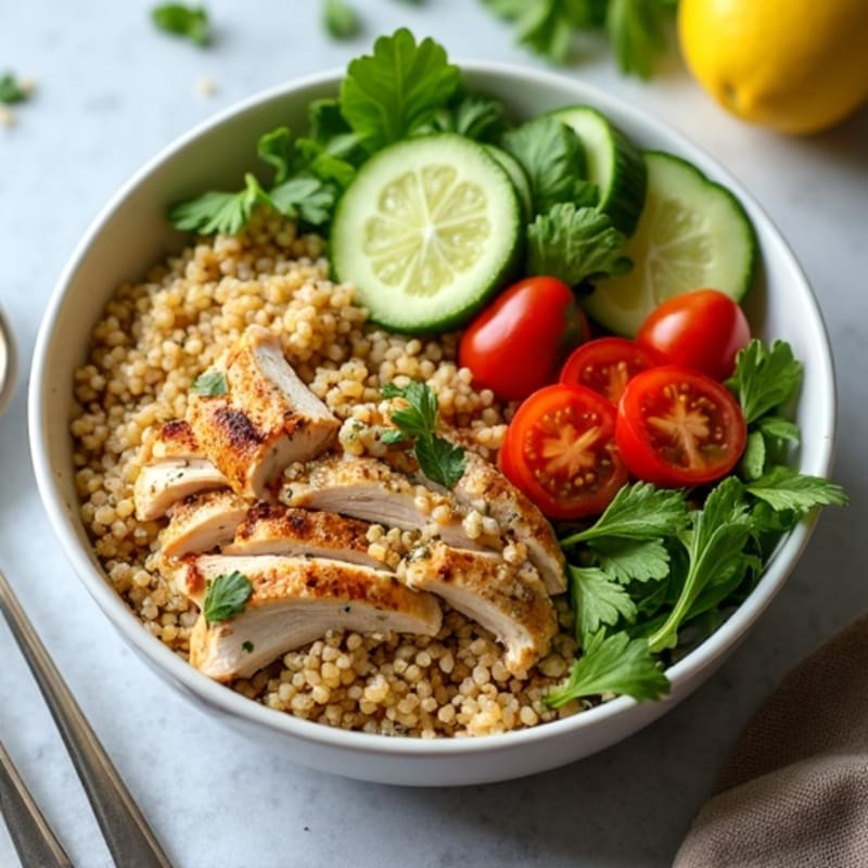 Lemon Herb Shredded Chicken and Quinoa Power Bowl with Fresh Vegetables