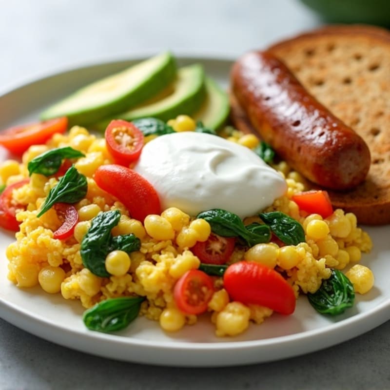 Egg White Veggie Scramble with Turkey Sausage and Greek Yogurt