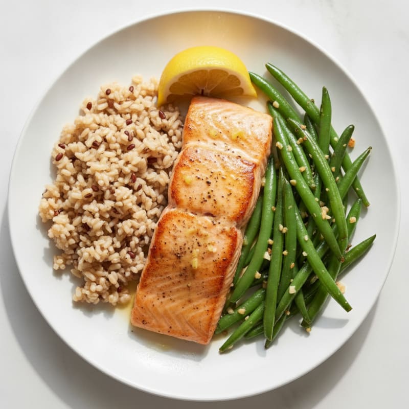 Seared Salmon Filet with Garlic Green Beans and Brown Rice