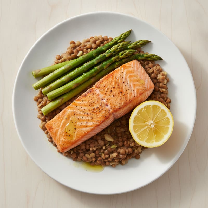 Seared Salmon Fillet with Steamed Asparagus and Lentil Mash