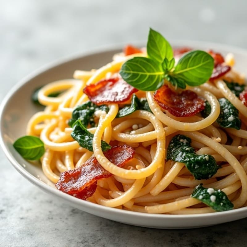 Creamy Whole Wheat Spaghetti with Crispy Turkey Bacon and Spinach