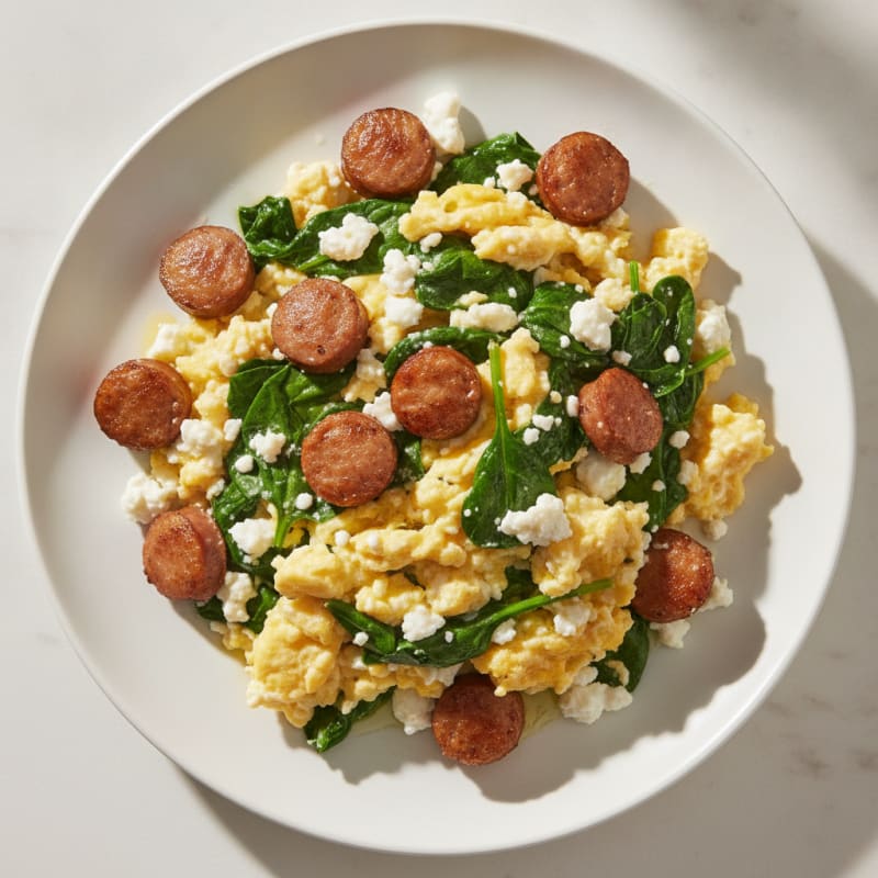 Cottage Cheese Scramble with Turkey Sausage and Spinach