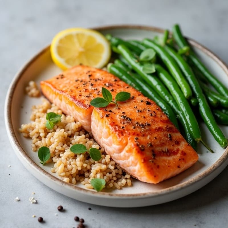 Seared Salmon with Steamed Green Beans and Brown Rice