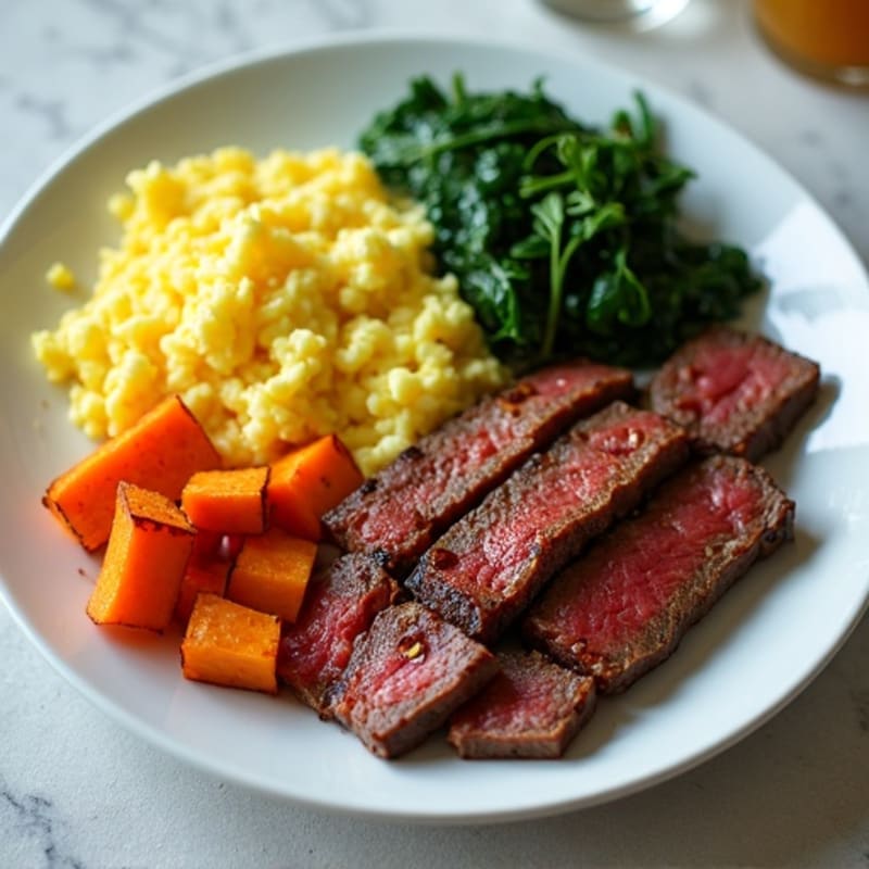 Scrambled Eggs with Sautéed Spinach, Roasted Sweet Potato & Seared Steak Strips