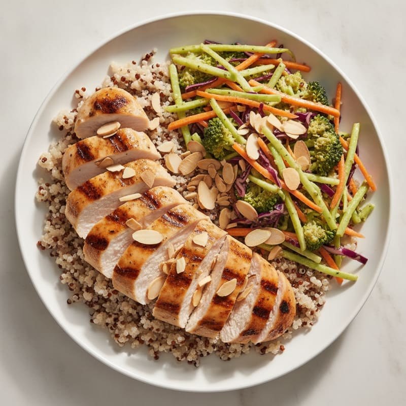 Grilled Chicken Breast with Quinoa and Crunchy Broccoli Slaw