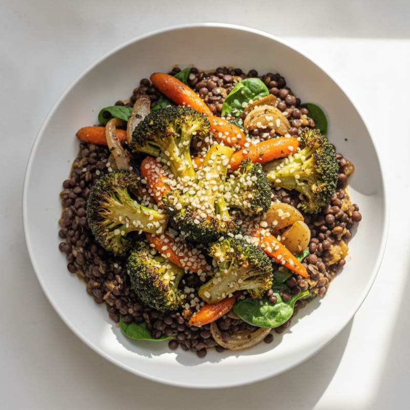 Braised Black Lentils with Roasted Vegetables