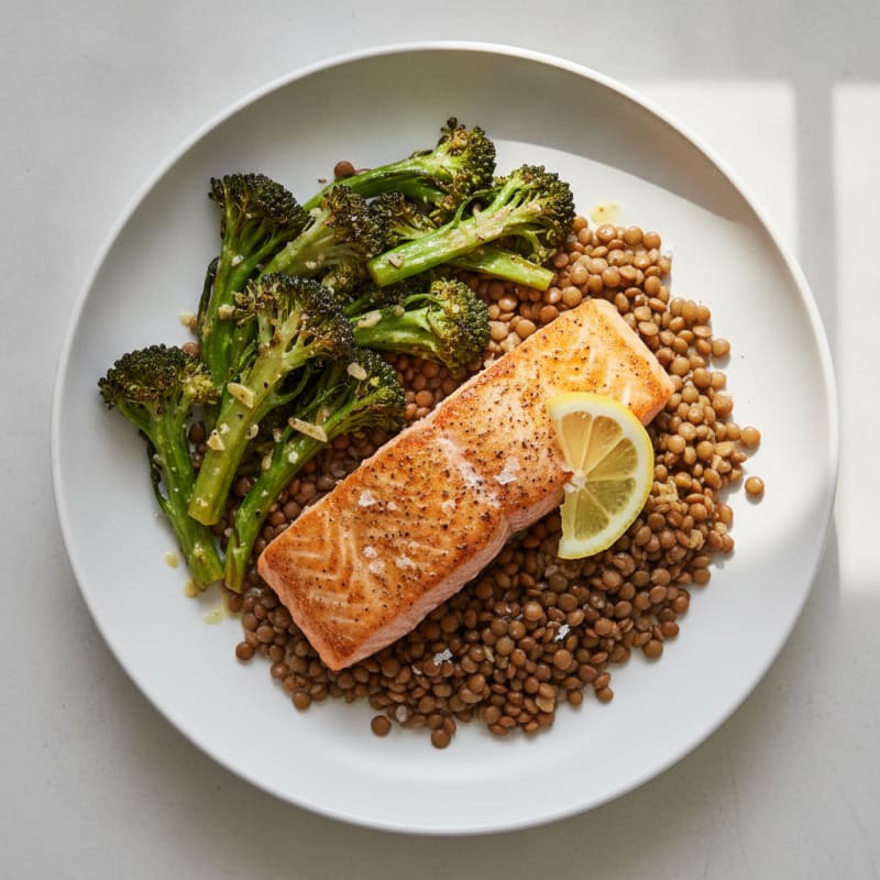 Seared Salmon with Roasted Broccoli and Lentils