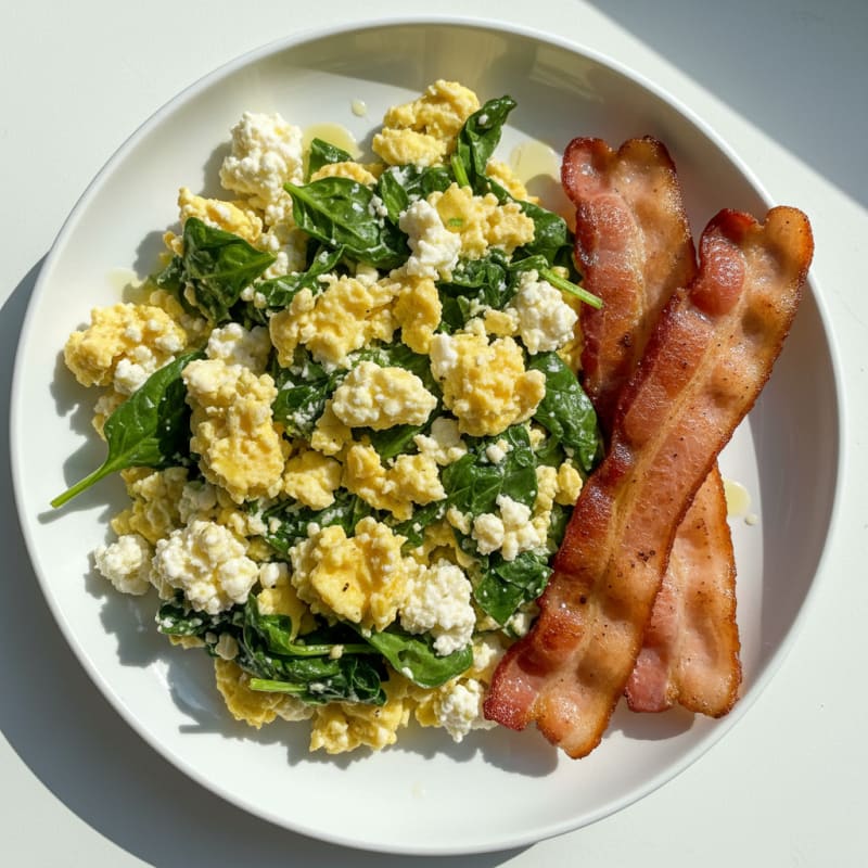 Cottage Cheese Egg Scramble with Spinach and Turkey Bacon