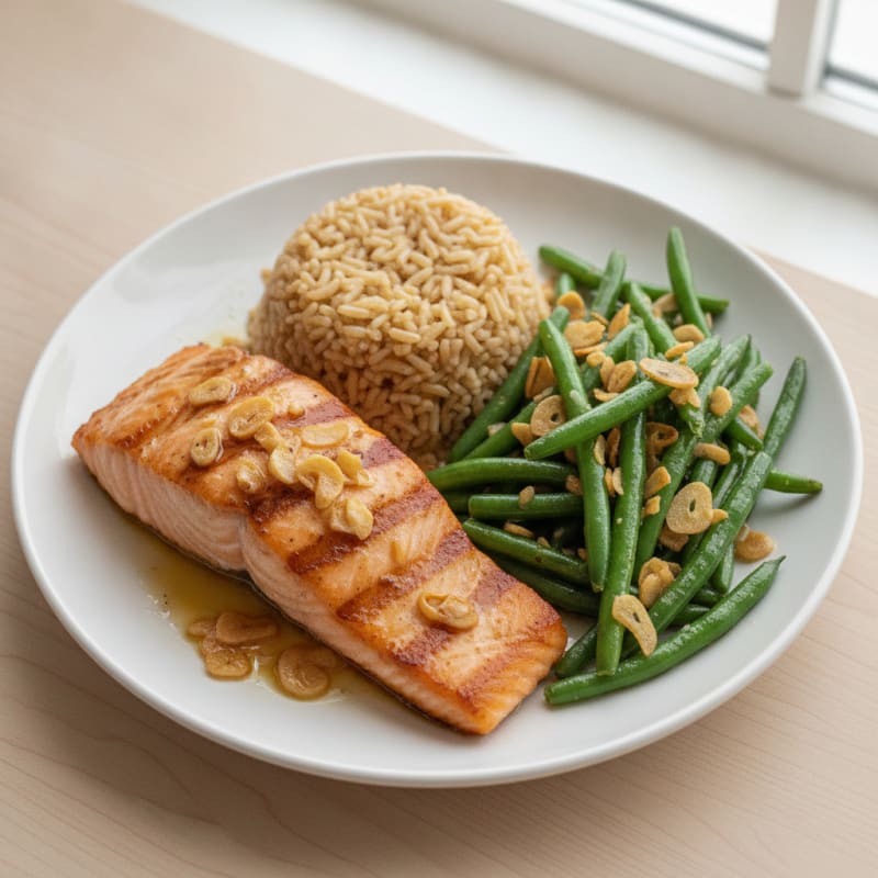 Seared Salmon with Garlic Green Beans and Brown Rice