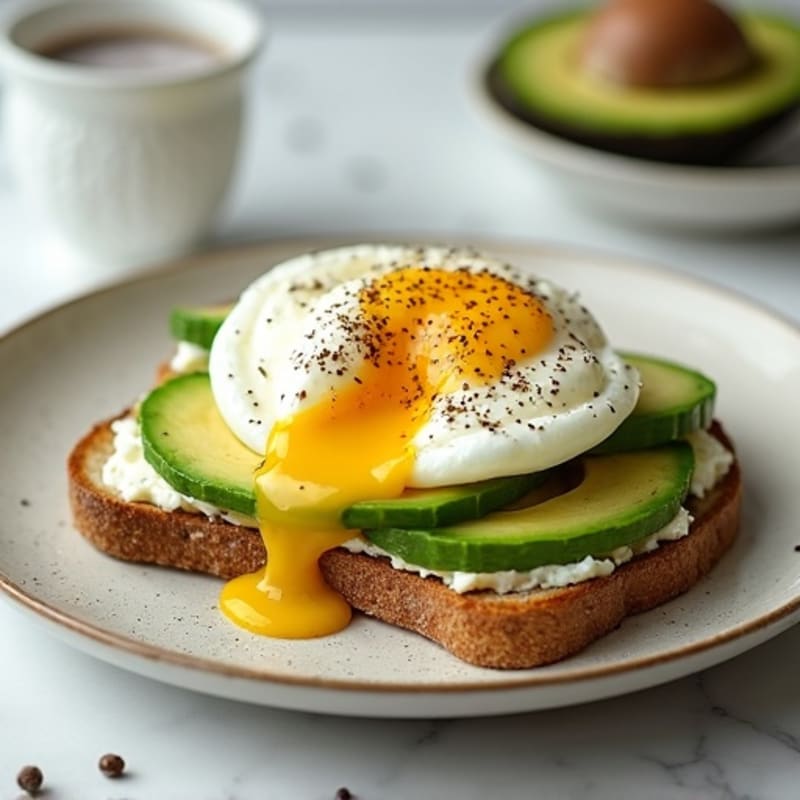 Cottage Cheese Toast with Sliced Avocado and Poached Eggs