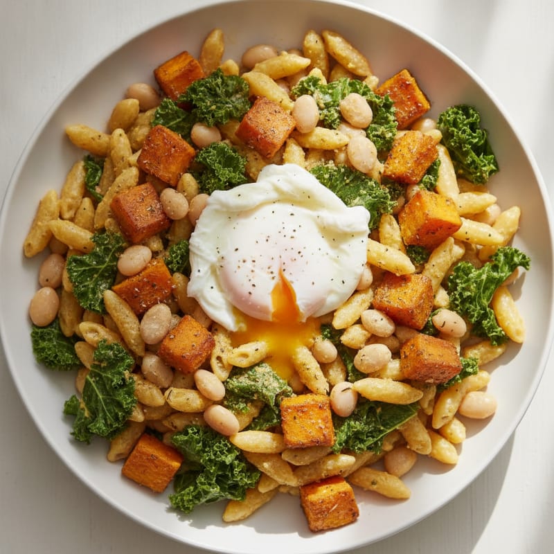 Chickpea Pasta with Sautéed Kale and Herb-Roasted Sweet Potatoes