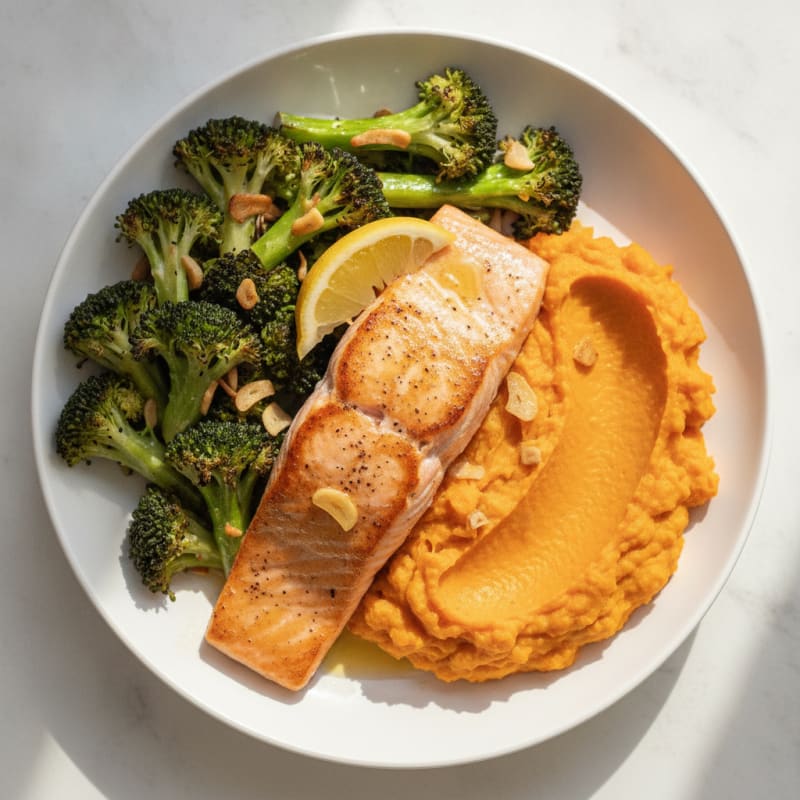 Seared Salmon with Garlic Roasted Broccoli and Sweet Potato Mash