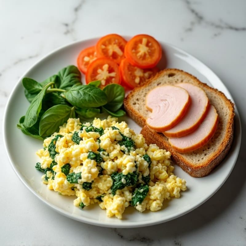 Egg White and Spinach Scramble with Cottage Cheese and Sliced Turkey
