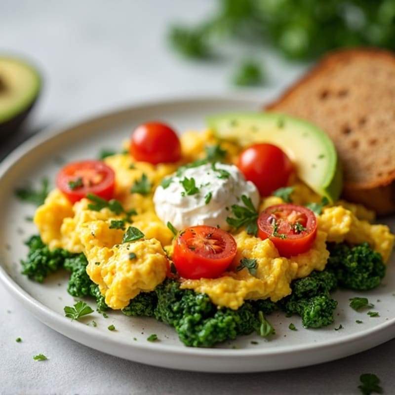 Egg White and Spinach Scramble with Cottage Cheese and Cherry Tomatoes