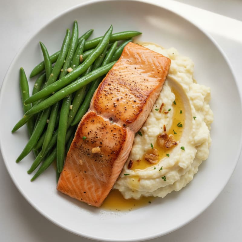Seared Salmon Fillet with Steamed Green Beans and Garlic Mashed Cauliflower