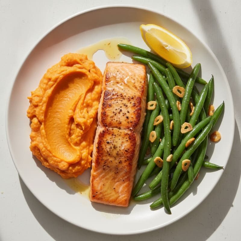 Seared Salmon with Garlic Green Beans and Sweet Potato Mash