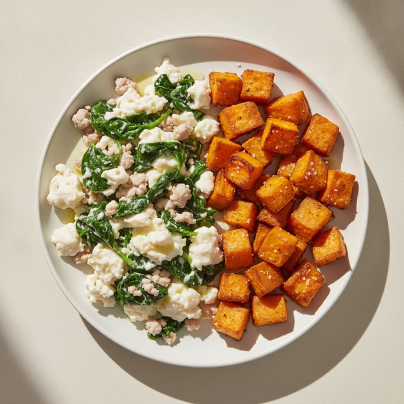 Egg White and Turkey Spinach Scramble with Roasted Sweet Potato