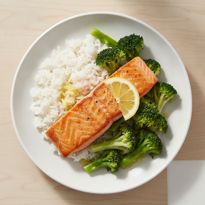 Seared Salmon with Steamed Rice and Broccoli