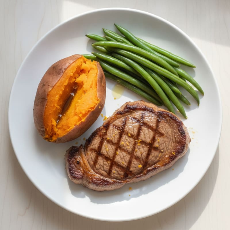 Seared Lean Beef with Steamed Green Beans and Baked Sweet Potato