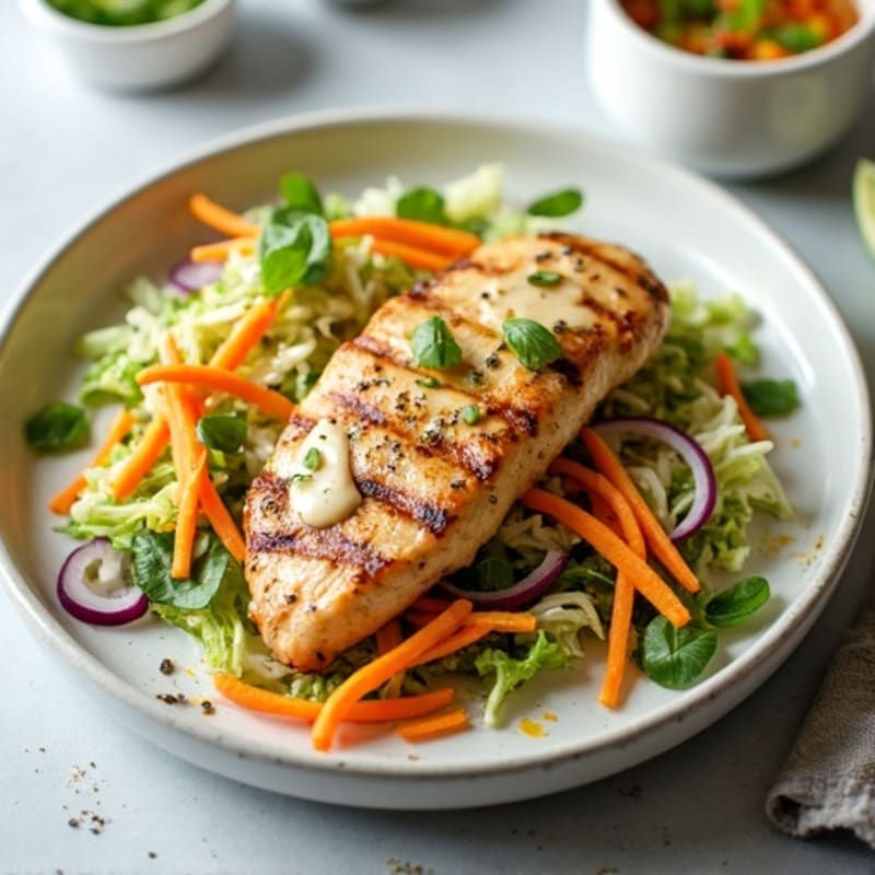 Grilled Chicken Breast with Crunchy Cabbage Slaw and Lemon Tahini Dressing