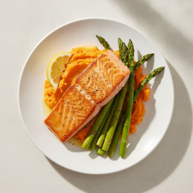 Seared Salmon with Roasted Asparagus and Sweet Potato Mash