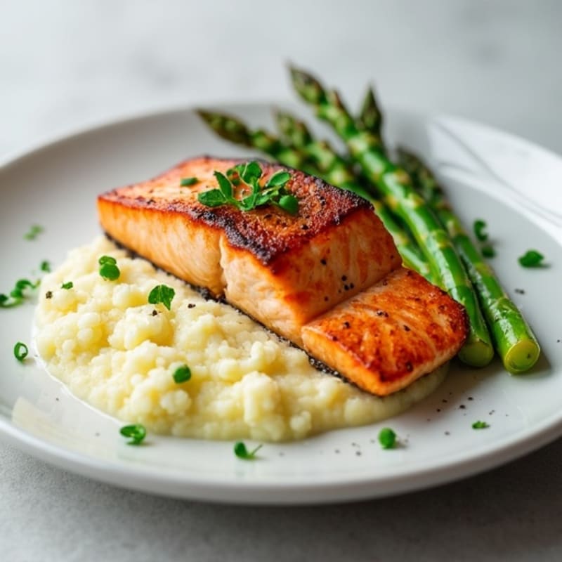 Seared Salmon with Steamed Asparagus and Cauliflower Mash