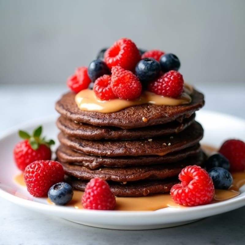 Hearty Chocolate Protein Pancake Stack with Fresh Berries and Creamy Almond Butter